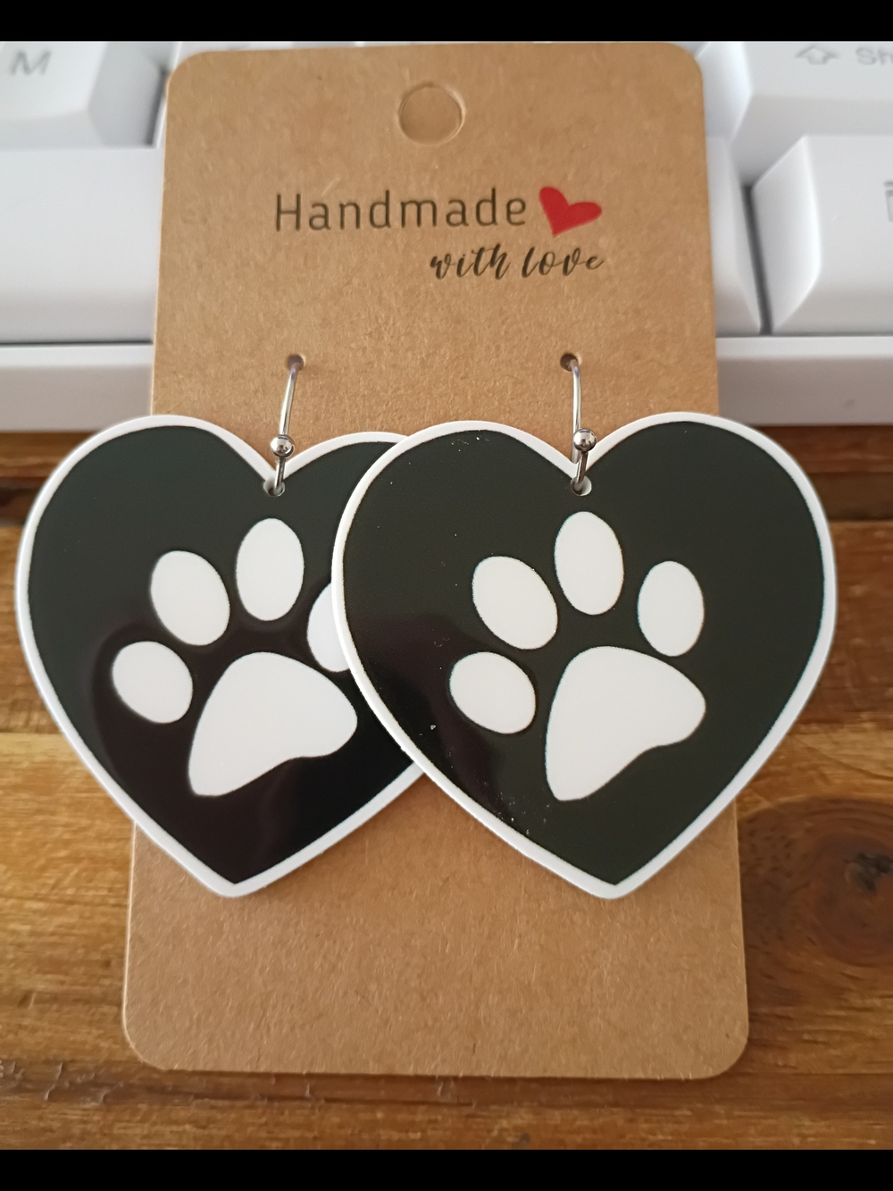 Handmade Heart Paw Print Earrings - Black & White